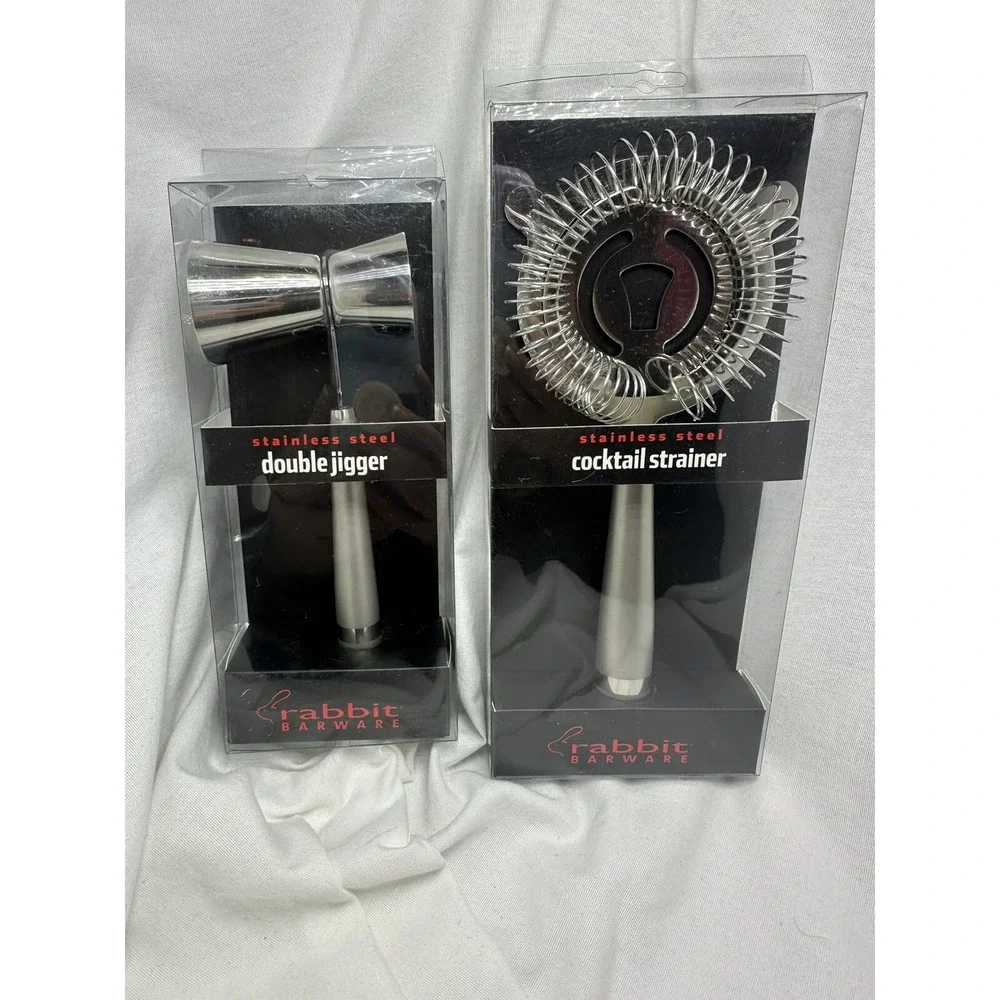 Rabbit Barware Stainless Steel Double Jigger and Cocktail Strainer Set Silver
